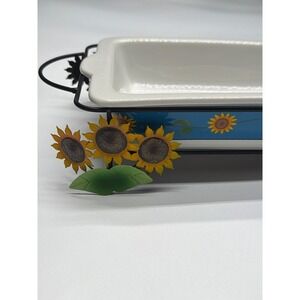Ceramic Baking Dish with Metal Stand Sunflowers Blue Farmhouse Kitchen Serveware